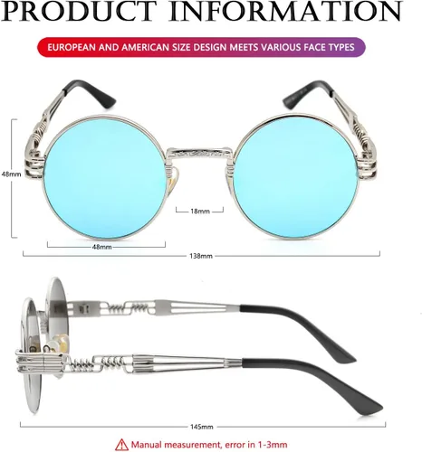 Miniatura 7 de AIEYEZO Gafas de sol redondas steampunk Circle Lennon Hippie, marco de metal, lente de bloqueo UV 100%