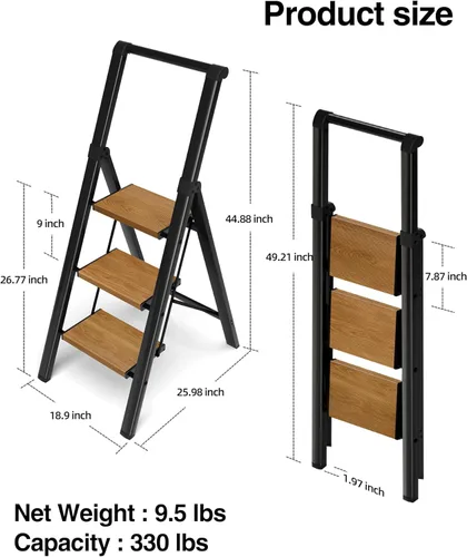 Miniatura 8 de Escalera de 3 escalones, taburete plegable con pedal ancho de aluminio y cómodo agarre, escalera de acero de capacidad de 330 libras para el hogar