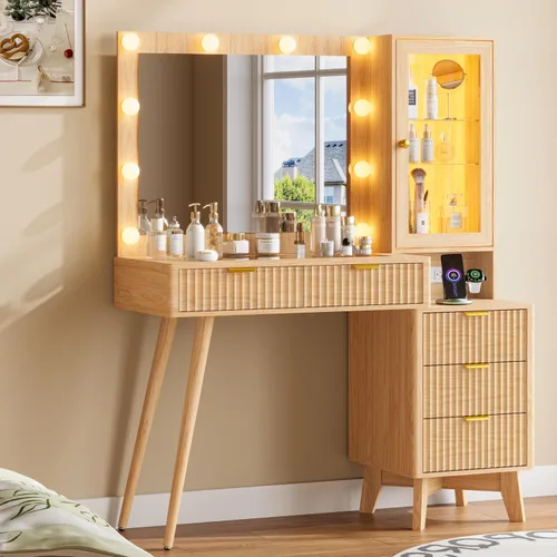 Escritorio de tocador de maquillaje con espejo y luces, escritorio de madera estriada de 45 pulgadas con parte superior de cristal, 5 cajones y Roble