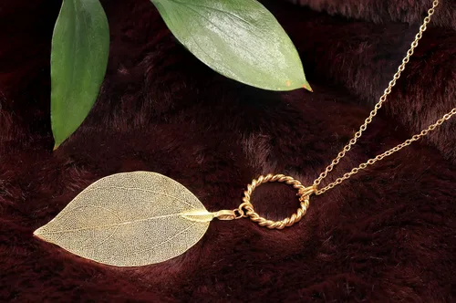 Miniatura 12 de Joyas de hoja de oro rosa y plata para mujer. Pendientes de hoja natural y collares circulares colgantes. Elegantes conjuntos de joyas colgantes.
