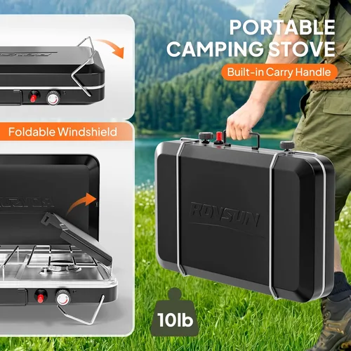 Miniatura 4 de ROVSUN Estufa de camping portátil de 2 quemadores con encendedor, estufa de campamento de propano de 20000 BTU con adaptador, mango integrado
