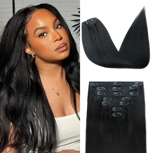 Miniatura 39 de Extensiones de cabello humano real con clip, 8 unidades, cabello humano Remy liso de seda suave natural, 4.23 oz, 20 pulgadas, negro natural #1B, 8