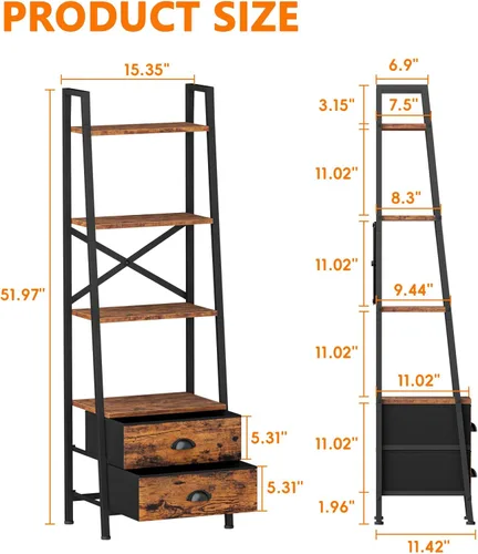 Miniatura 3 de Furologee Estantería de escalera de 4 niveles, estantería pequeña con 2 cajones, organizador vertical de almacenamiento, estanterías rústicas