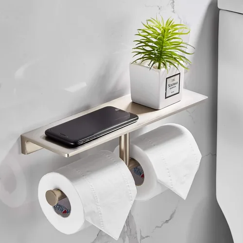 Miniatura 7 de Soporte de papel higiénico de doble rollo con estante de latón macizo y dispensador de pañuelos de estilo hotelero superior, almacenamiento