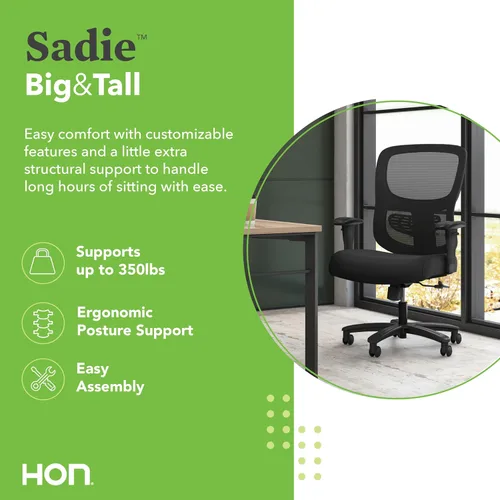 Miniatura 3 de HON Sadie - Silla de oficina grande y alta, silla de escritorio ergonómica con respaldo de malla, soporte lumbar, 350 libras máximo, color negro