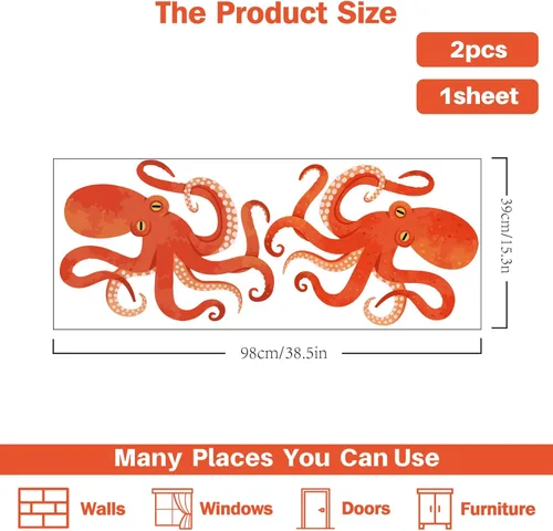 Miniatura 5 de PLIGREAT 2 calcomanías de pared de pulpo rojo de gran tamaño, calcomanías de pared para despegar y pegar, calcomanías de vinilo removibles