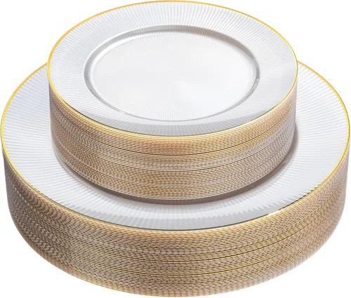 Miniatura 15 de Hioasis 60 platos de plástico verde y dorado, juego de vajilla desechable verde, 30 piezas de cena de 10.25 pulgadas y 30 platos de postre de 7.5