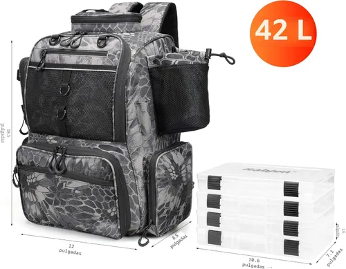 Miniatura 4 de Rabjen Mochila de aparejos de pesca con soportes para caña, soporte para botellas, bolsa de almacenamiento, tienda de equipo de pesca Camuflaje Negro