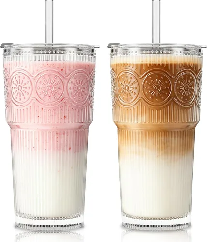 Miniatura 10 de SoulTimes Vaso de vidrio de flor de begonia de 20 onzas con tapas y popotes, 2 tazas de vidrio para café helado para batidos, matcha, jugo, agua