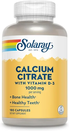 Solaray Citrato de calcio con vitamina D3 1000 mg – Fuerza ósea y apoyo dental saludable – Fórmula de digestión suave – Verificado por laboratorio,