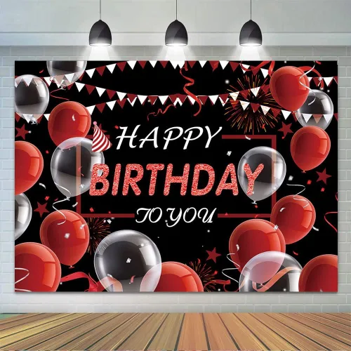 Miniatura 2 de CGXINS Fondo de fotografía de cumpleaños blanco rojo y negro de 7 x 5 pies, globo de confeti para decoración de fiesta de cumpleaños, aniversario