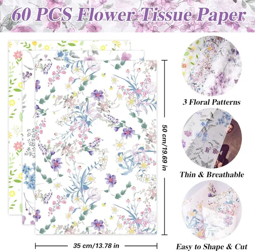 Miniatura 7 de Larcenciel 60 hojas de papel de seda floral vintage, papel de seda de arte de flores silvestres para bolsas de regalo y embalaje, suministros