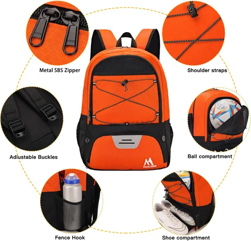 Miniatura 5 de Hsmihair - Bolsa de fútbol - Mochila de fútbol y mochila para fútbol, voleibol y baloncesto, con compartimento para pelota y tacos separados Naranja