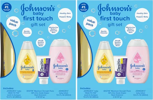 Johnson's First Touch Baby Essentials Set de regalo con gel de baño y champú, loción corporal y crema de óxido de zinc para la piel delicada del