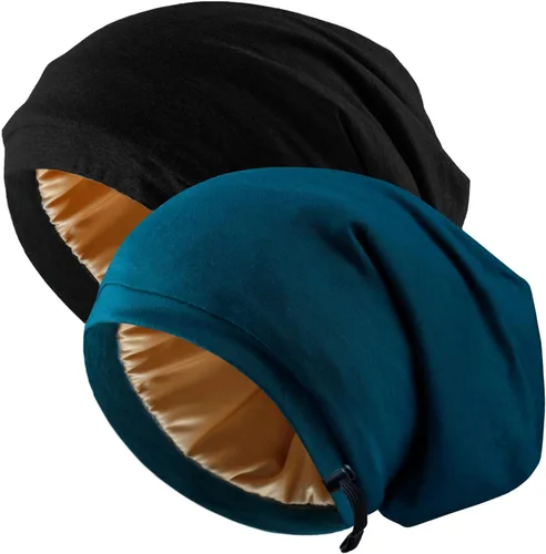 Miniatura 12 de 2 Pcs Adjustable Silk Hair Bonnet for Sleeping, Satin Lined Sleep Cap for Women and Men, Silk Hair Wrap Slouch Beanie.