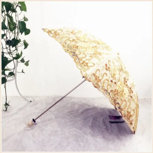 Miniatura 61 de Honeystore Sombrilla bordada con flor 3D plegable UV con encaje clásico