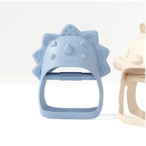 Miniatura 6 de Mordedor de silicona para bebé, paquete de 2 mordedores de mano, pequeño pollito, mini dinosaurio, juguete azul para bebé y juguetes beige para bebés