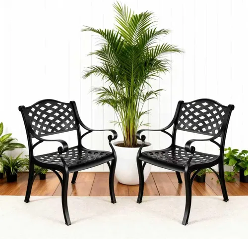 Miniatura 16 de Juego de 2 sillas de comedor de aluminio fundido para exteriores, juego de sillas de bistró para patio con reposabrazos, sillas de comedor