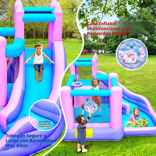 Miniatura 3 de WELLFUNTIME Casa inflable de rebote con tobogán, castillo de salto para niños con soplador, pozo de bolas, pared de escalada, diana, aro