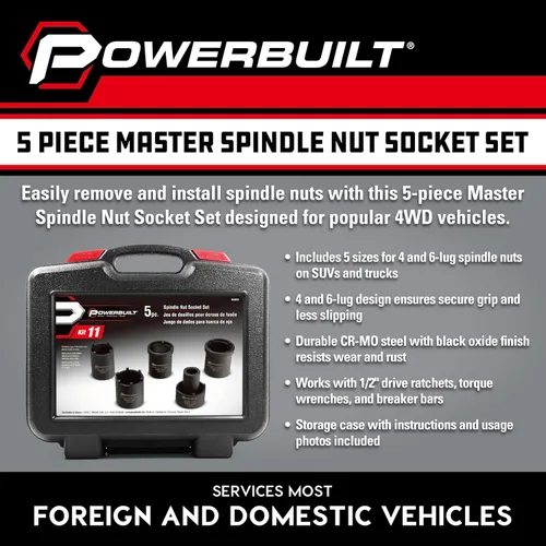Miniatura 2 de Powerbuilt 648636 - Kit de herramientas para tuercas de husillo, 5 piezas, tuercas de husillo para extraer, varios tamaños, marcas de tamaño, caja