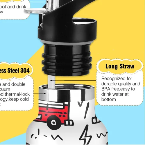 Miniatura 3 de Kids Water Bottle with Straw for School 20 Oz, Kids Water Bottle Stainless Steel for Travel or School, BPA-Free, Cartoon Fire Trucks