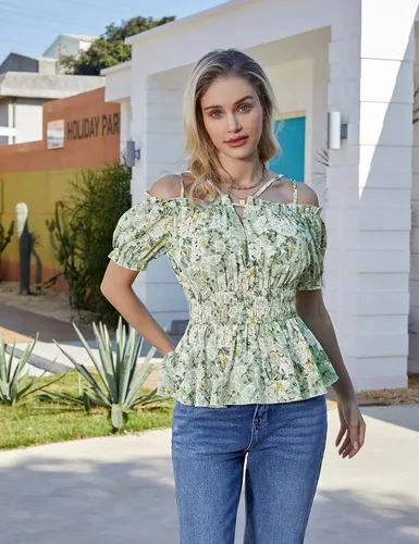 Miniatura 2 de GRACE KARIN Peplum Tops para mujer, blusas de gasa de manga corta abombada, blusas de hombros descubiertos, camisa de verano, babydoll