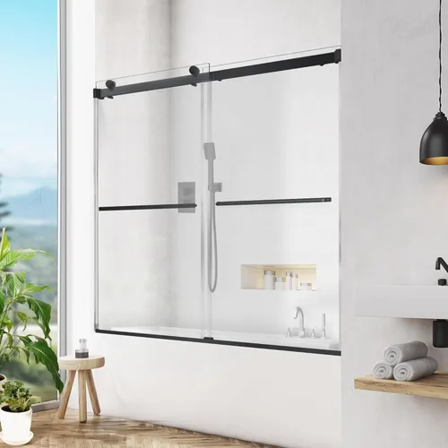 Miniatura 13 de Puerta corrediza de cristal para bañera, 56-60 pulgadas de ancho x 58 pulgadas de alto, sin marco, para baño, vidrio templado transparente de 5/16
