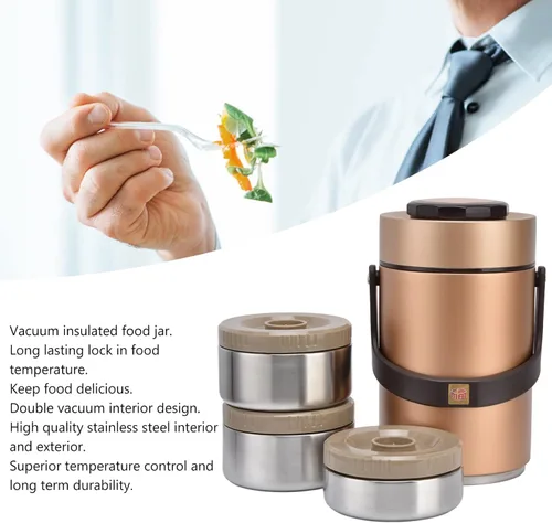 Miniatura 2 de 2.3L Vacuum Insulated Food Container with 3 Stackable Compartments 304 Stainless Steel Leak Proof Adults Thermal Food Jar for Work Travel Picnic Gold
