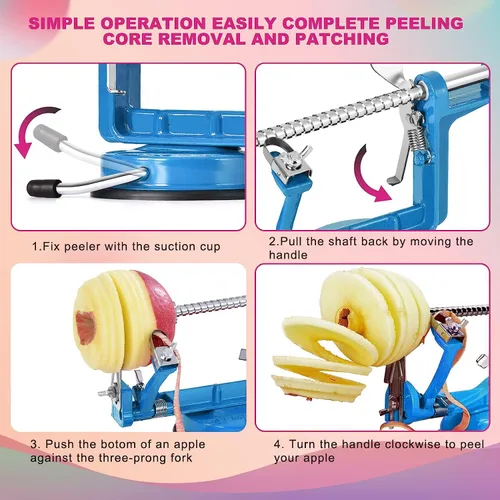 Miniatura 5 de Pelador de manzanas, rebanador descorazonador peladores de patatas 3 en 1, acero inoxidable resistente con base de ventosa y 3 cuchillas adicionales