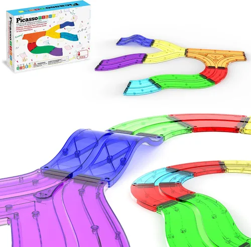 Miniatura 11 de PicassoTiles Juego de 121 azulejos magnéticos de pista de carreras de mármol 3 en 1, juego de construcción de carreras de automóviles, aprendizaje