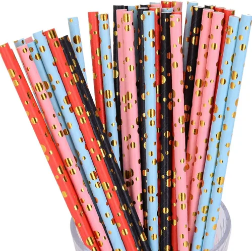 100 pajitas de papel mixtas para fiestas, color negro, rosa claro, azul, rojo, dorado, con lunares, burbujas, para cumpleaños, baby shower, boda,