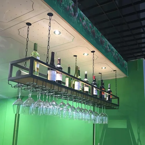 Estante de techo para copas de vino, estante colgante para vino con soporte para vidrio y estante, soporte para botellas de vino colgante industrial