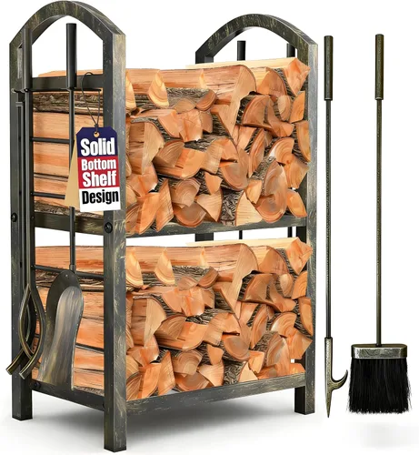 Miniatura 8 de AMAGABELI GARDEN & HOME Estante de leña para interiores con herramientas, juego de herramientas para chimenea, soporte de madera de hierro forjado