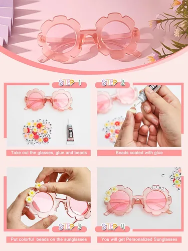 Miniatura 6 de Dunzy 10 pares de lentes de sol redondos de flores para niños, gafas de bricolaje para exteriores, con 50 margaritas, 100 cuentas de letras al azar