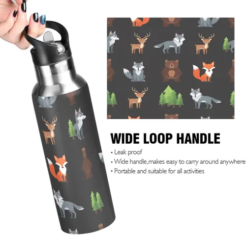 Miniatura 4 de Animals Foxes Forest Black Insulated Stainless Steel Water Bottle with Straw 20 Oz, BPA-Free Sport Water Bottle Leakproof Water Bottles