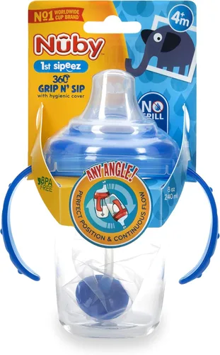 Miniatura 6 de Nuby 360 Grip N' Sip - Vaso Tritan, 8 onzas, popote con peso con cubierta higiénica, color azul