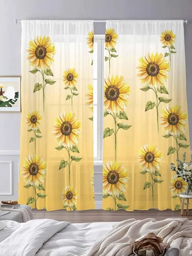 Miniatura 4 de Juego de paneles de cortinas de girasol, cortinas de gasa para cocina, cortinas de gasa de privacidad para sala de estar, dormitorio, decoración