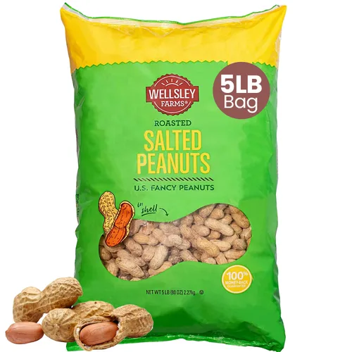 Wellsley Farms Cacahuetes tostados salados con cáscara, cultivados en Estados Unidos, sin OMG, sin gluten, vegano, sin colesterol, aperitivo