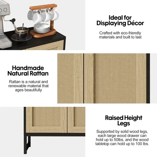 Miniatura 6 de Panana Gabinete de almacenamiento de ratán decorado con 2 puertas, gabinete de acento para sala de estar, armario de cocina, aparador de buffet Negro