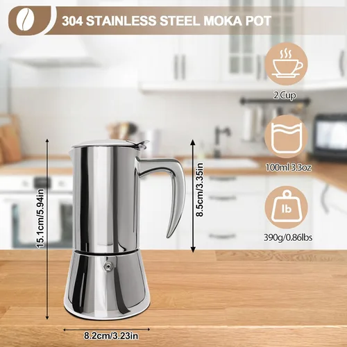 Miniatura 2 de Cafetera de acero inoxidable 304 grueso, sin recubrimiento, 2 tazas, cafetera Moka para estufa, cafetera expreso, cafetera italiana, clásica, Greca