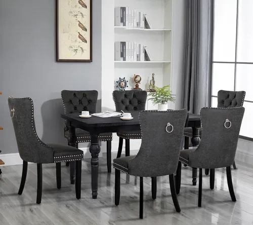 Miniatura 9 de MAISON ARTS Juego de 2 sillas de comedor de piel sintética, sillas de comedor tapizadas con ribete de cabeza de clavo y patas de madera maciza