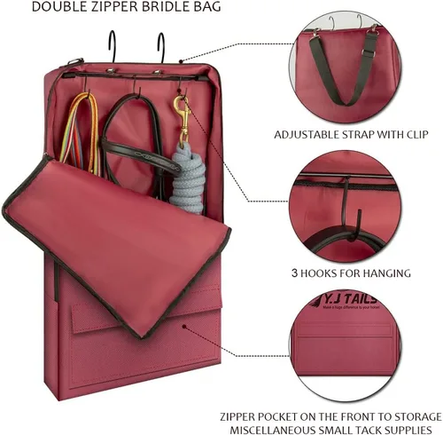 Miniatura 3 de Bolsa de brida de caballo, bolsa de transporte con 3 puntas para cabestros, bridas, arnés, riendas ecuestres, puntas y cabezas (rojo vino)