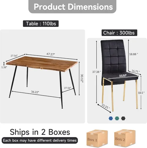 Miniatura 2 de Howtek Juego de mesa de comedor rectangular para 4, moderno de mediados de siglo con 4 sillas de cocina de terciopelo tapizado negro, juego de mesa