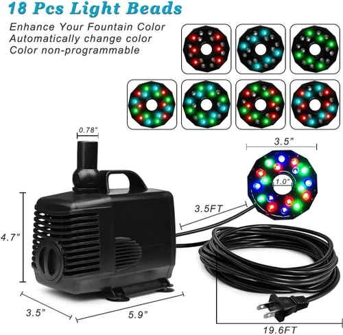 Miniatura 2 de DOMICA Bomba de estanque LED de 45 W 792 GPH con kit de fuente (3000 L/H), bomba sumergible para fuente de agua de jardín, para cascada, hidroponía