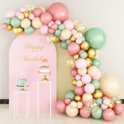 Kit de arco de guirnalda de globos verde salvia, rosa retro, albaricoque, dorado metálico y globos de confeti para baby shower, boda, cumpleaños,