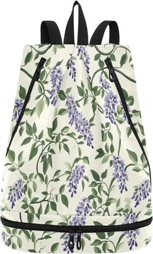 Vintage Wisteria Flower Retro Drawstring beach bag trendy Swimming bag for gym with Wet Dry Compartments bolso para laptop mujer