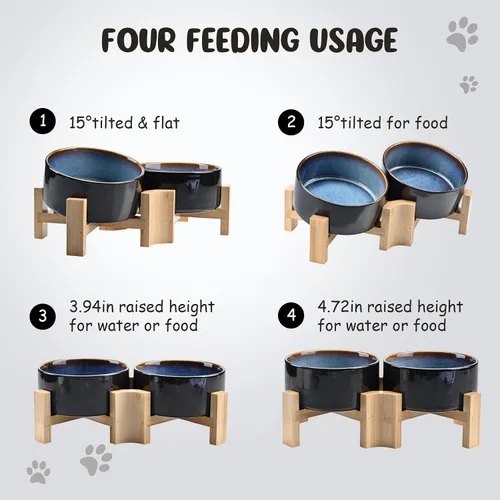Miniatura 4 de SPUNKYJUNKY Cuenco de cerámica inclinado de 15° para perros y gatos con soporte de madera, cuenco inclinado para comida y agua para bulldog Azul