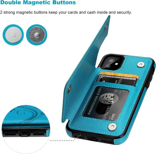 Miniatura 6 de Vaburs Funda compatible con iPhone 11 con tarjetero y diseño de mariposa en relieve, piel sintética de alta calidad, doble botones magnéticos, a Azul
