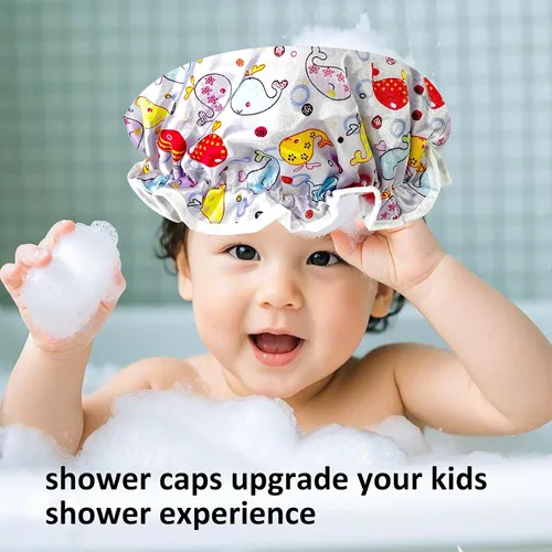 Miniatura 5 de Gorro de ducha para niños, paquete de 3 gorros de ducha grandes, reutilizables, de doble capa, impermeables, de plástico lavable, gorro de ducha