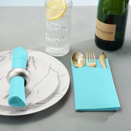 Miniatura 4 de Paquete de 50 servilletas desechables con sensación de lino para cena con bolsillo integrado para cubiertos, servilletas de papel tipo tela Menta